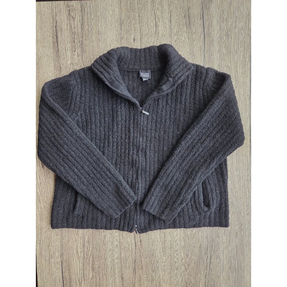 VTG 90s Eileen Fisher Boiled Wool Zip Cropped Cardigan Funnel Neck Minimalist M